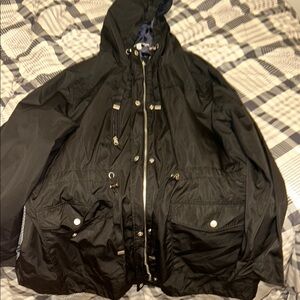 Time and Tru Black Raincoat with Hood and Water-Resistant Fabric